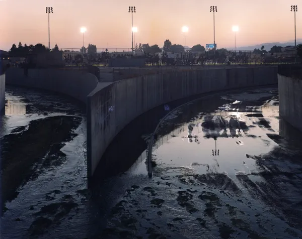 color photograph of Headwaters, the Los Angeles River and Canoga Park High School, Canoga Park.
