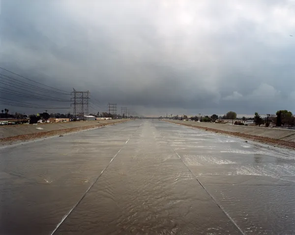 color photograph of the Los Angeles River from the Gage Avenue Bridge, Bell.