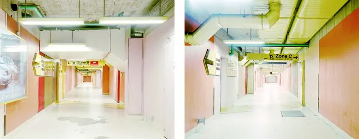 abstract color photograph titled Mezzanine, 48 x 60 inches, in 2 panels.