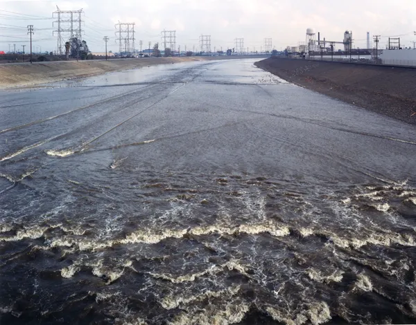 color photograph of the Los Angeles River from the Atlantic Boulevard Bridge, Vernon.