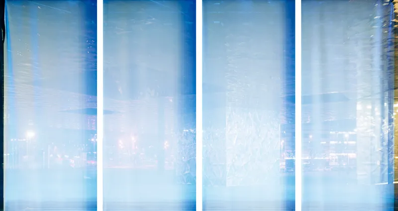 abstract color photograph titled Palette, 59.1 x 118.1 inches, in 4 panels.