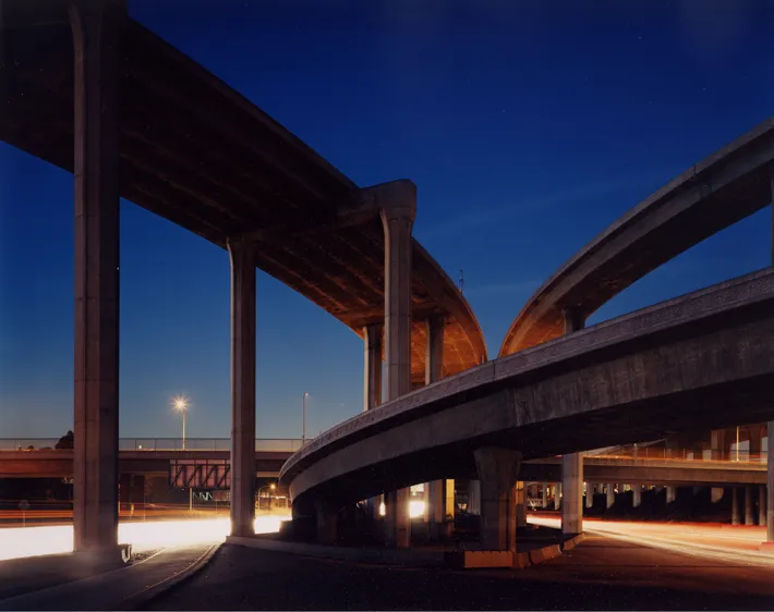 color photograph of I-105 at I-110, view North, Los Angeles, at night.