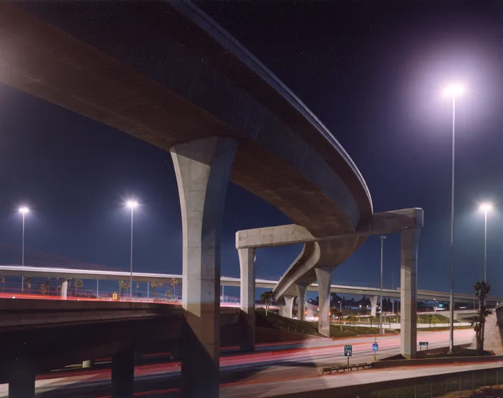 color photograph of I-5 at I-91, Elevated View, Los Angeles, at night.